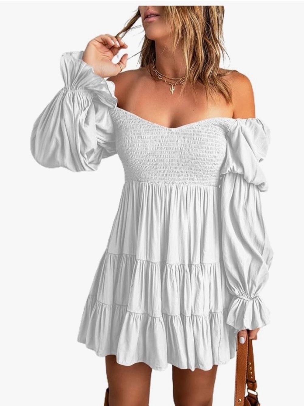 White Puff Sleeve Smocked Midi Dress